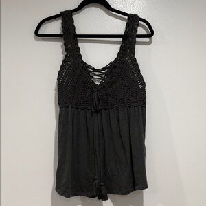 Lucky Brand Charcoal Crochet Lace-Up Tank Top